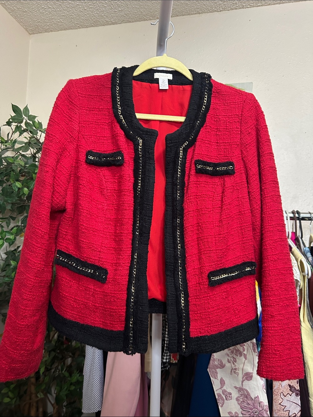 Women's Red Bouclé Jacket with Black Trim